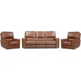Rockford Power Reclining Sofa & Two Recliners Set in Saddle Brown Top Grain Leather