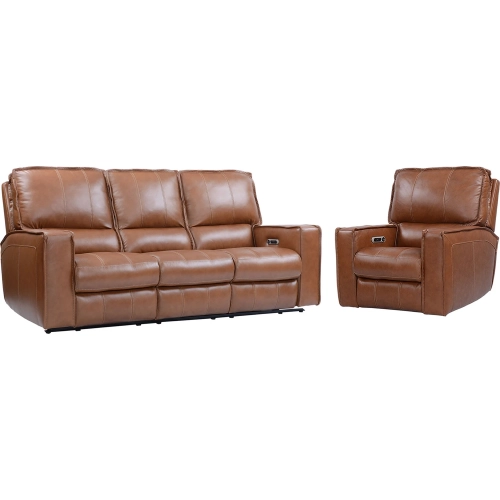 Rockford Power Reclining Sofa & Recliner Set in Saddle Brown Top Grain Leather