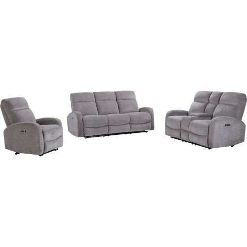 Tuscany Power Reclining Sofa Loveseat and Recliner in Whiskers Nature Grey Fabric