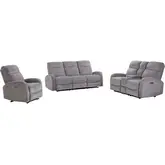 Tuscany Power Reclining Sofa Loveseat and Recliner in Whiskers Nature Grey Fabric