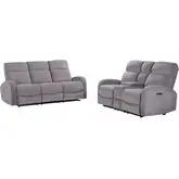 Tuscany Power Reclining Sofa and Loveseat in Whiskers Nature Grey Fabric