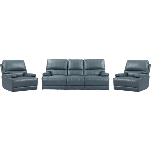 Whitman Power Cordless Reclining Sofa & Two Recliners Set in Azure Top Grain Leather