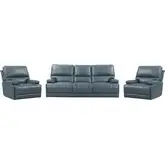 Whitman Power Cordless Reclining Sofa & Two Recliners Set in Azure Top Grain Leather