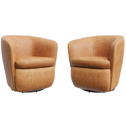 Barolo Swivel Accent Club Chair in Vintage Caramel Tan Brown Italian Leather (Set of 2)