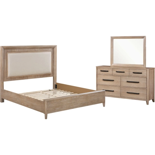 Breckenridge 3 Piece Queen Bedroom Set in Mocha Brown Wood & Neutral Fabric