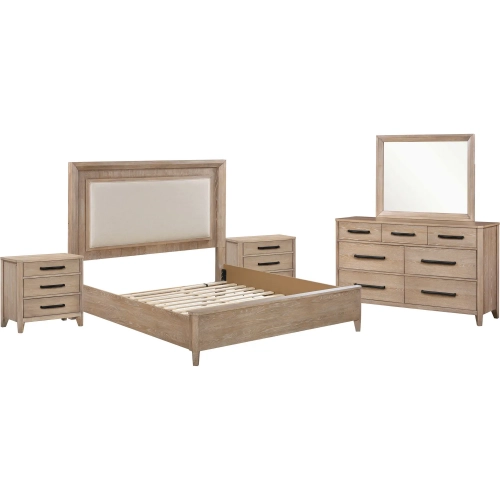 Breckenridge 5 Piece Queen Bedroom Set in Mocha Brown Wood & Neutral Fabric