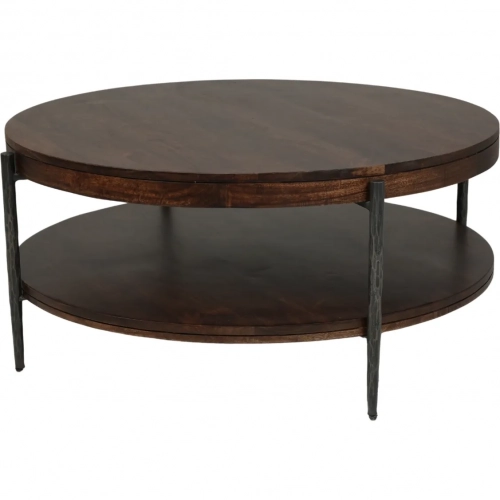 Bengal 41" Round Coffee Cocktail Table in Brown Wood & Hammered Metal