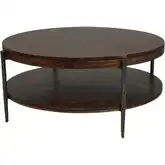 Bengal 41" Round Coffee Cocktail Table in Brown Wood & Hammered Metal
