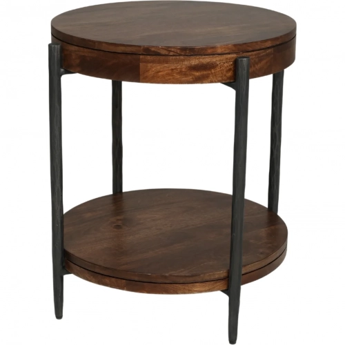 Bengal 20" Round Side Table in Brown Wood & Hammered Metal