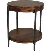 Bengal 20" Round Side Table in Brown Wood & Hammered Metal