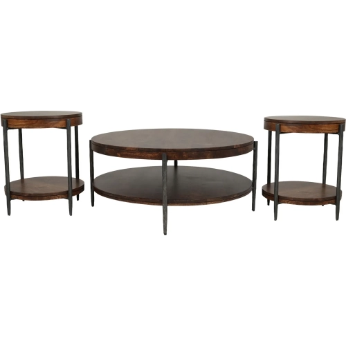 Bengal 3 Piece Coffee Table & 2 End Table Set in Brown Wood & Hammered Metal