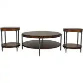 Bengal 3 Piece Coffee Table & 2 End Table Set in Brown Wood & Hammered Metal