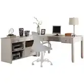 Boca L Shape Desk with Credenza in Cottage White Wood