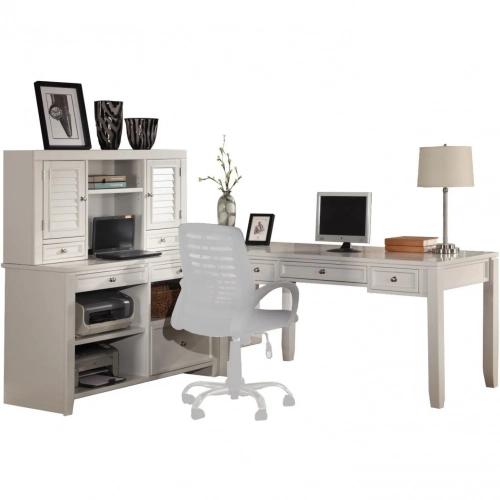 Boca L Shape Desk with Credenza & Hutch in Cottage White Wood