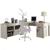 Boca L Shape Desk with Credenza & Lateral File in Cottage White Wood