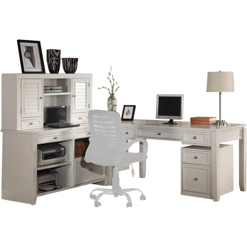 Boca L Shape Desk with File Credenza & Hutch in Cottage White Wood