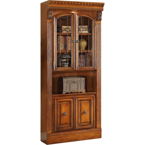 Huntington 32" Glass Door Cabinet in Antique Vintage Pecan Brown Wood