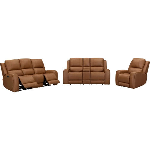 Belmont 3 Piece Zero Gravity Power Recline Sofa Set in Caramel Brown Leather