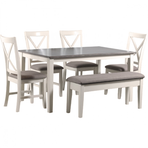 Jane 6 Piece Dining Set in Vanilla White & Taupe Fabric (Table, Bench, & 4 Chairs)
