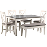 Jane 6 Piece Dining Set in Vanilla White & Taupe Fabric (Table, Bench, & 4 Chairs)