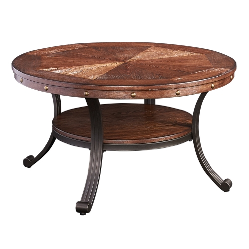 Franklin Cocktail Table in Oak Veneer & Metal with Nailhead