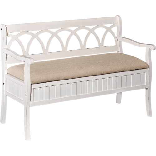 Elliana Storage Bench in White with Neutral Menswear Inspired Fabric