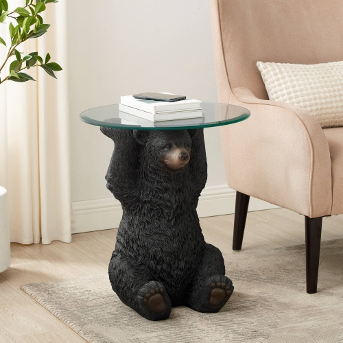 Barney Bear Side Table in Dark Brown Resin & Tempered Glass