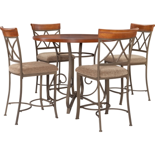 Hamilton 5 Piece Counter Dining Set in Cherry, Metal & Taupe Beige Fabric