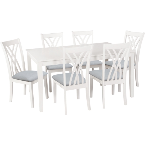 Maggie 7 Piece Dining Set in White Acacia & Grey Fabric