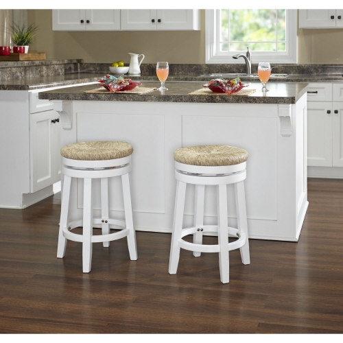 Morgan 31" Tall Round Bar Stool in White with Seagrass Seat