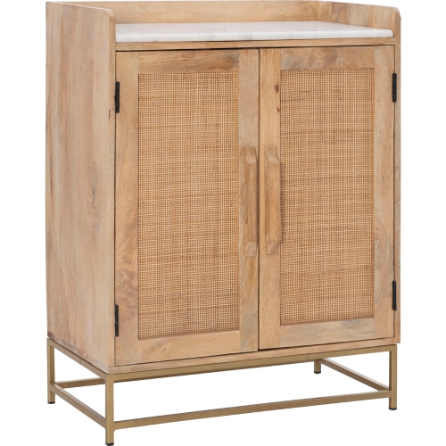Janie Bar Cabinet in Natural Finish Rattan, White Marble, & Gold Metal