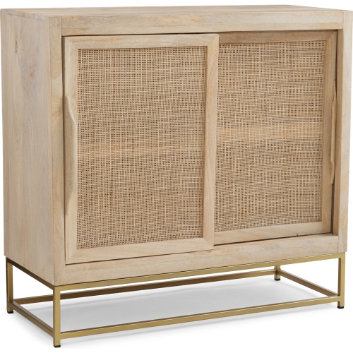 Janie Cabinet with Two Sliding Doors in Natural Finish Rattan, Wood & Gold Metal