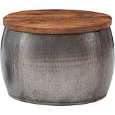 Royce 22" Storage Drum Coffee Table in Wood & Hammered Pewter