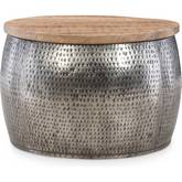 Royce Drum Coffee Table with Storage in Silver & Wood