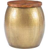 Royce Drum Storage Side Table in Wood & Hammered Brass