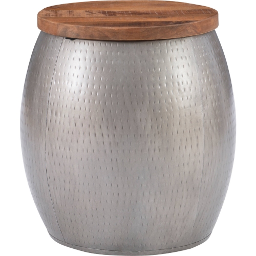 Royce Drum Storage Side Table in Wood & Hammered Pewter