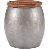 Royce Drum Storage Side Table in Wood & Hammered Pewter