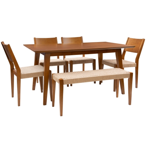 Cadence 6 Piece Dining Set in Brown Wood & Rope