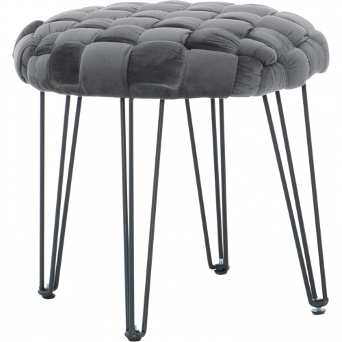 Shadbury Round Stool Ottoman in Grey Velvet & Black Metal
