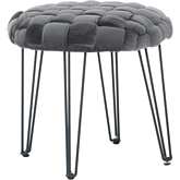 Shadbury Round Stool Ottoman in Grey Velvet & Black Metal