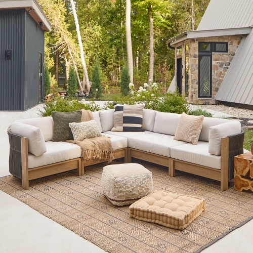 Stratton Outdoor 5 Piece Sectional Sofa in Beechwood Aluminum & Oat Sunbrella&reg;