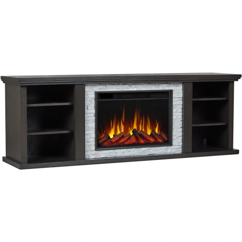 Kenai 72" Slim TV Stand w/ Electric Fireplace in Dark Oak & Faux Stone