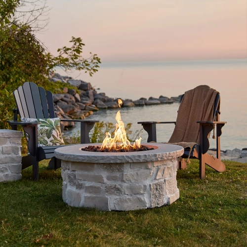 Scottsdale 40" Round Propane Fire Pit Table in Beige Concrete & Faux Stone Resin