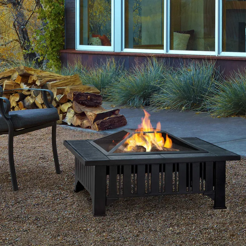 Real Flame 908 Lafayette Fire Pit in Black with Gray Slate Tile Top