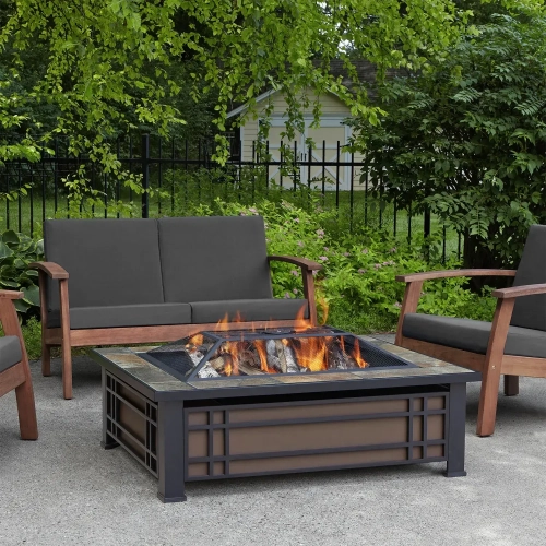 Hamilton Wood Burning Fire Pit in Natural Slate Tile & Black Steel