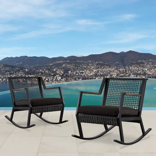 Calvin Outdoor Rocker Chair in Black Resin Wicker & Fabric (Set of 2)