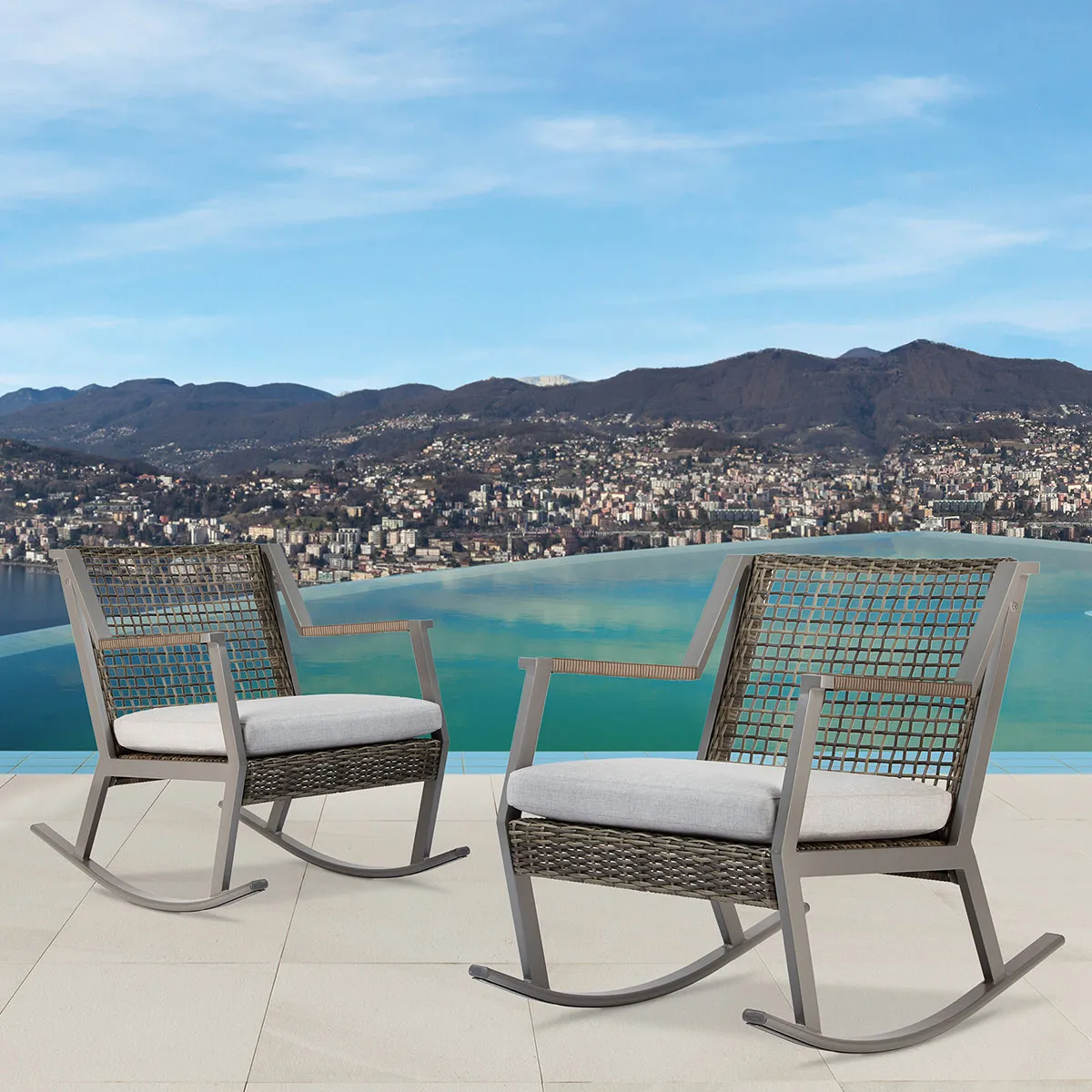 Calvin Outdoor Rocker Chair in Gray Resin Wicker & Fabric (Set of 2)