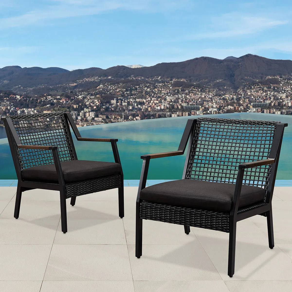 Calvin Outdoor Arm Chair in Black Resin Wicker & Fabric (Set of 2)