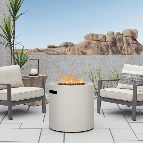 Aegean 24" Round Propane Fire Pit Table with Hidden Tank in Light Sand Steel