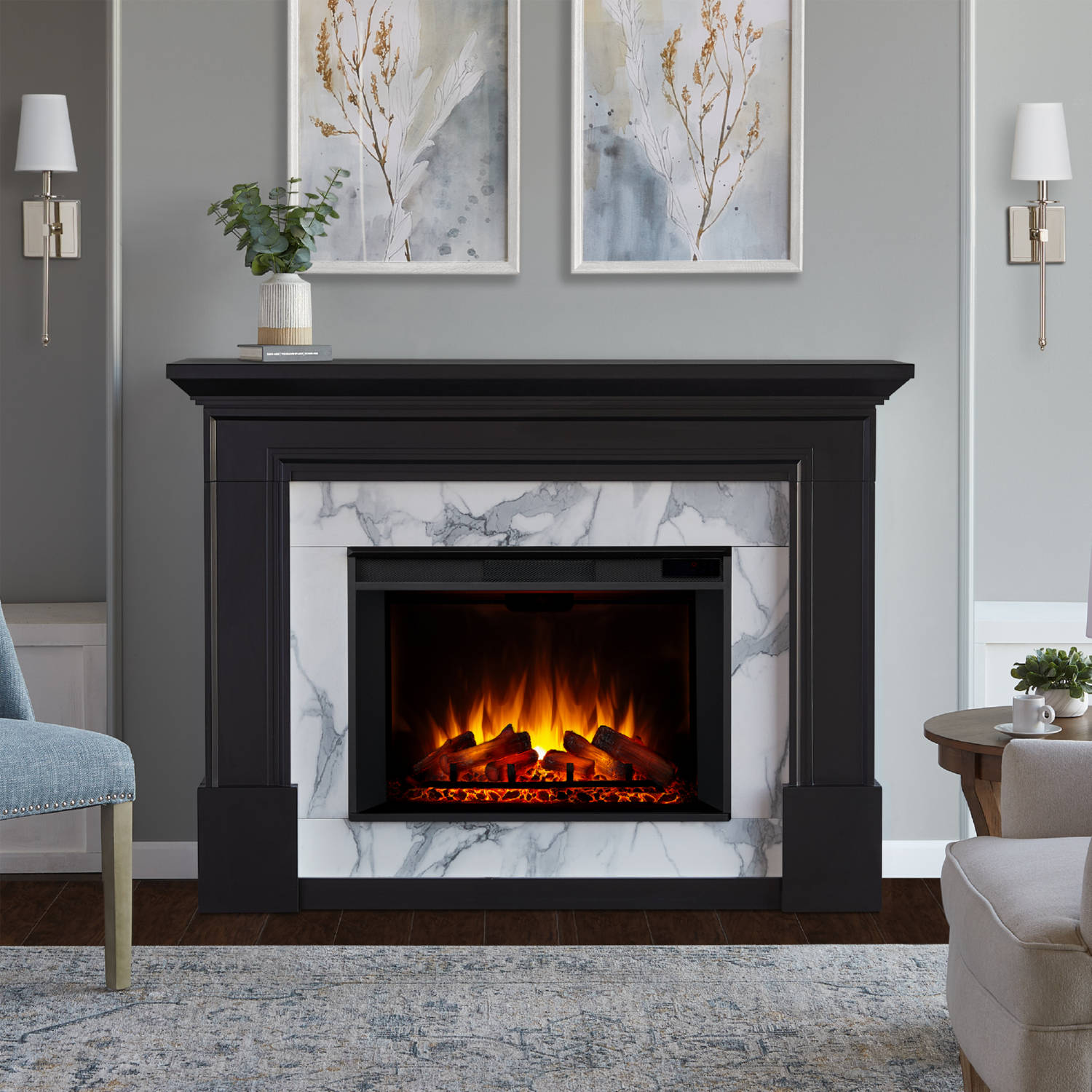 Real Flame 8240E-BLK Merced Grand Electric Fireplace in White Faux Marble u0026  Black Wood